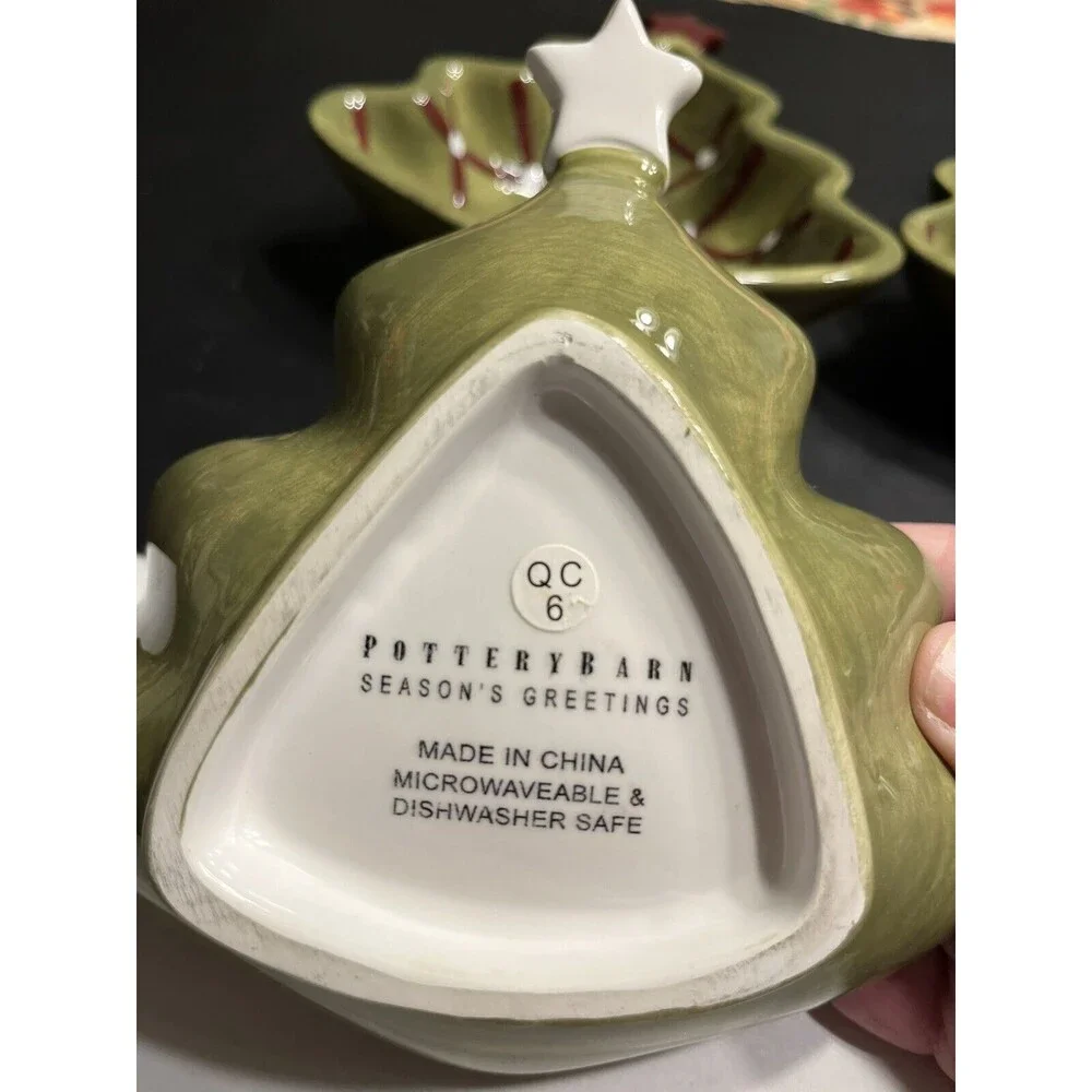 Pottery Barn Seasons Greetings Christmas Tree Candy Nut Bowl Dish Set Of 4